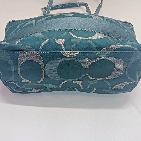 COACH F20429 Signature Stripe Metallic Turquoise Tote Shoulder Bag Purse EUC - Picture 7 of 14
